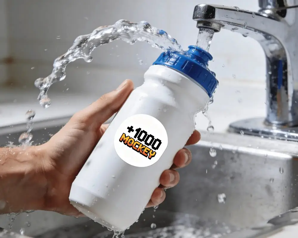 Hand Holding Sports Water Bottle With Round Empty White Sticker Mockup