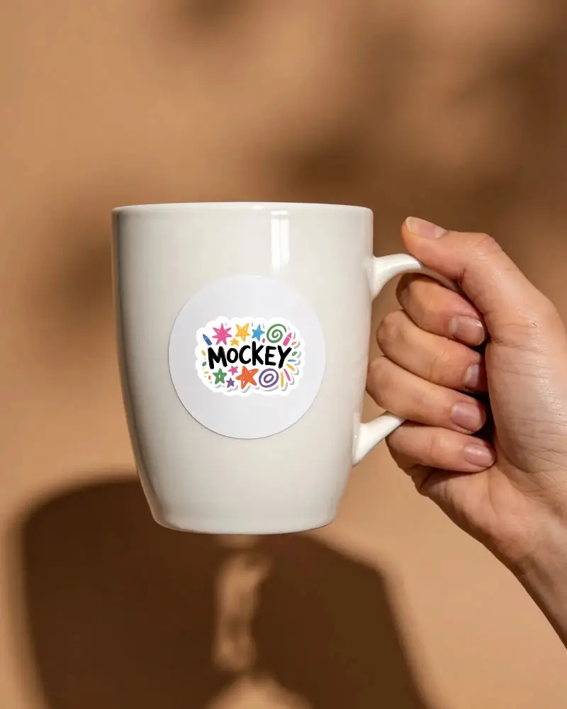 Custom Round Sticker Mockup On Coffee Mug Held In Hand Isolated Studio Shot