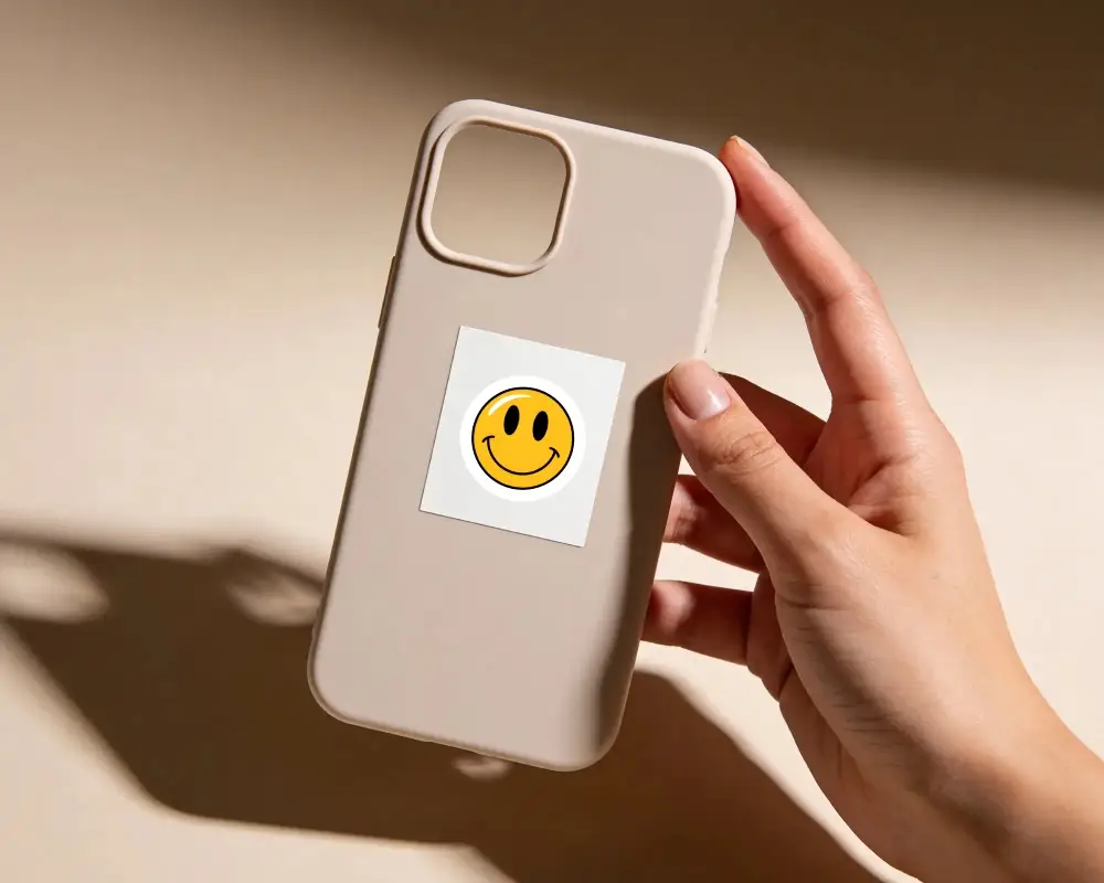 Minimalist Sticker Mockup On Mobile Protective Case For Showcasing Artwork And Logos