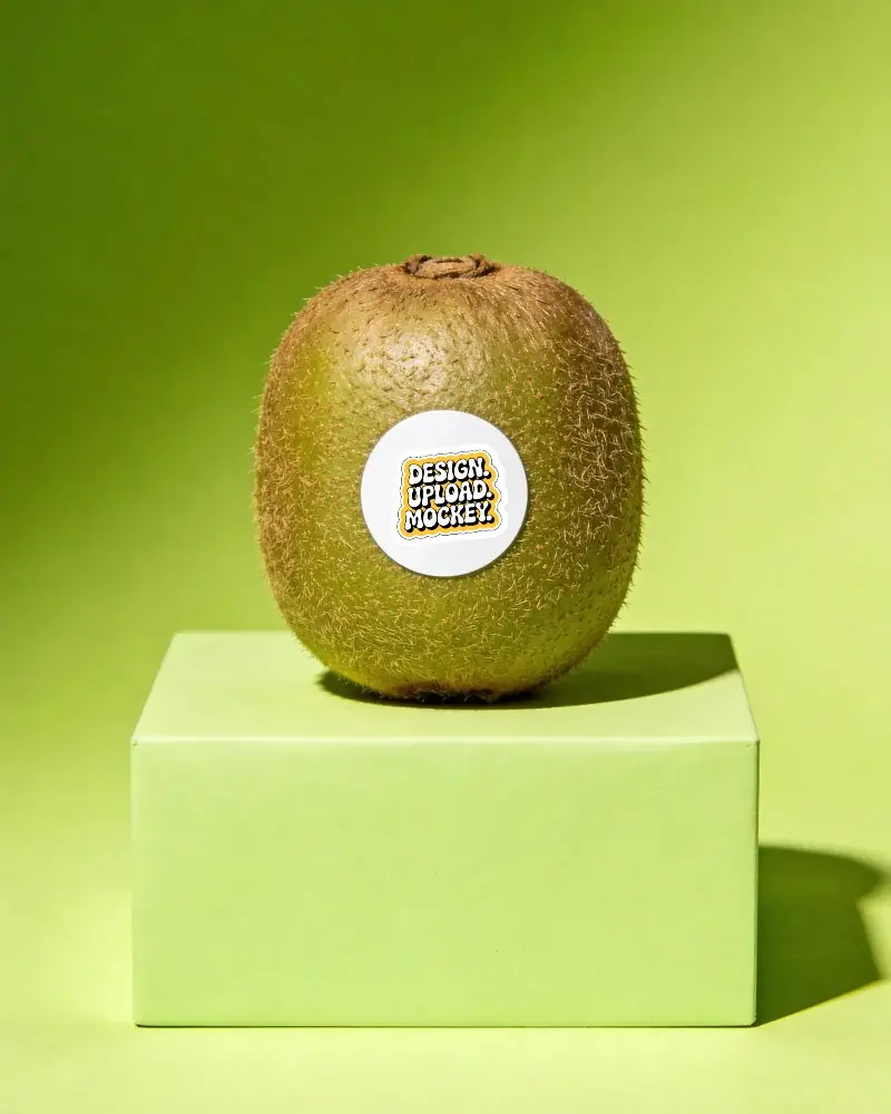 Realistic Circular Sticker Mockup On Fruit Stand With Shadow And Lighting Effect