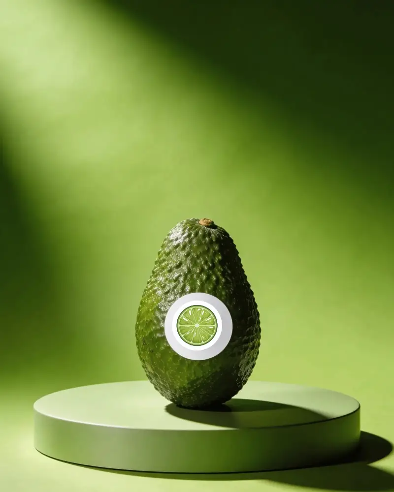 Avocado With Round Sticker Mockup On Cylindrical Platform With Green Lighting Background