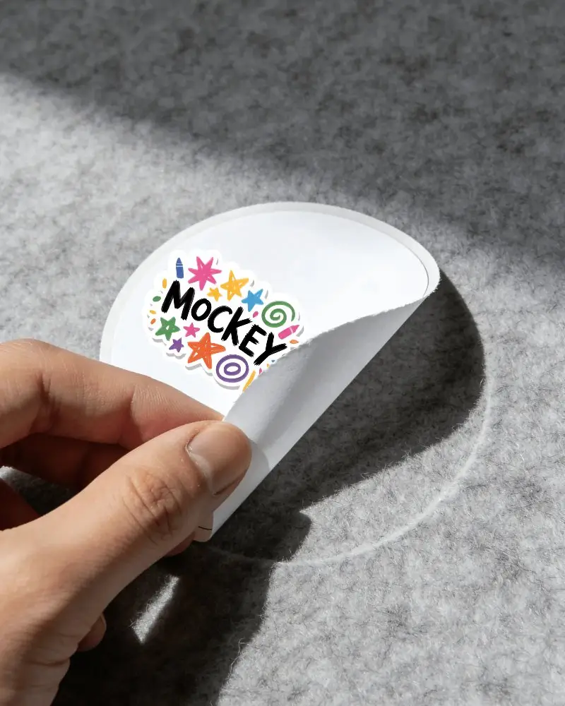 Hand Peeling Round Sticker Mockup On Soft Textured Surface For Design Presentation