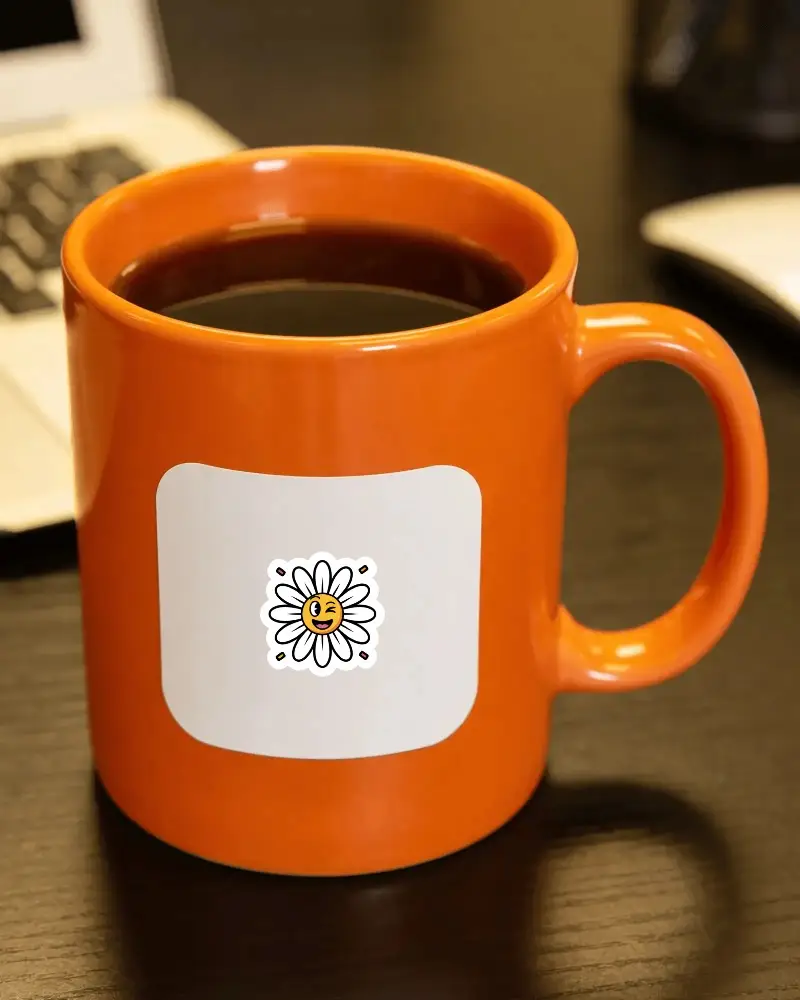 Blank Square Sticker On Coffee Mug For Custom Logo Or Personalized Message Display