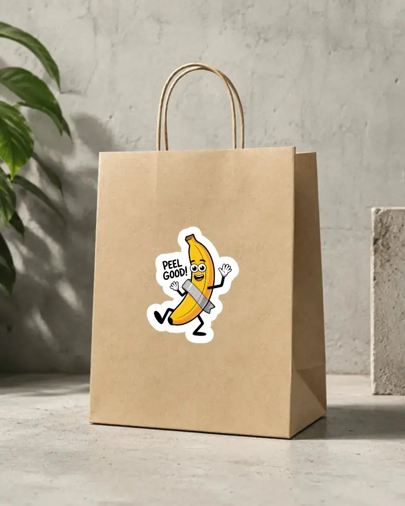 Eco Friendly Kraft Paper Bag Sticker Mockup With Twisted Handles For Retail Packaging And Gift Bags