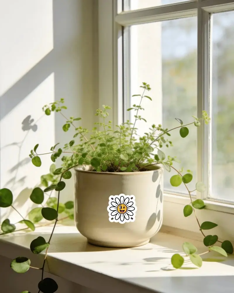 Minimalistic Ceramic Pot Sticker Mockup With Trailing Vine Plant Near Bright Window Sunlight
