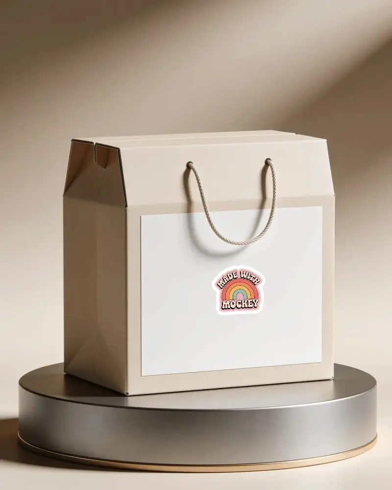 Premium Customizable Sticker Mockup On Retail Packaging With Rope Handle For Branding