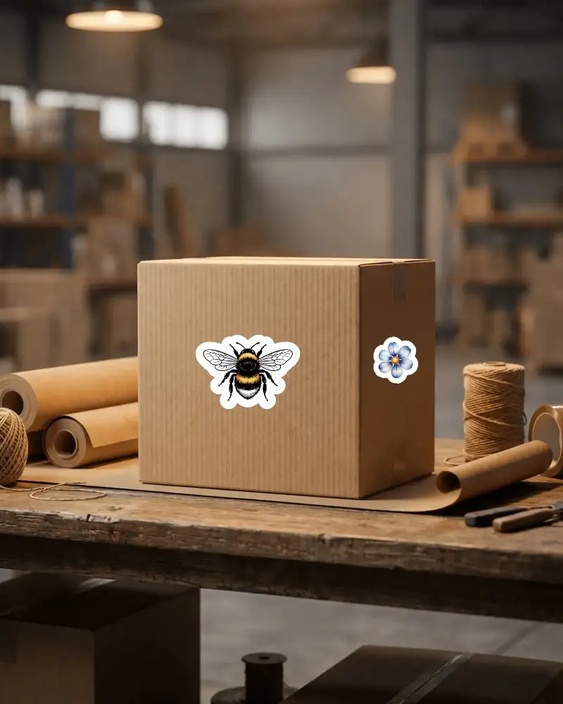 Shipping Box Sticker Mockup With Packing Materials In Industrial Storage Space