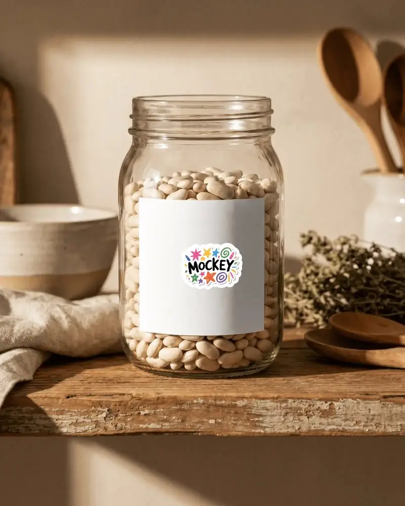 Glass Storage Jar With Sticker Label Mockup On Rustic Wooden Shelf Kitchen