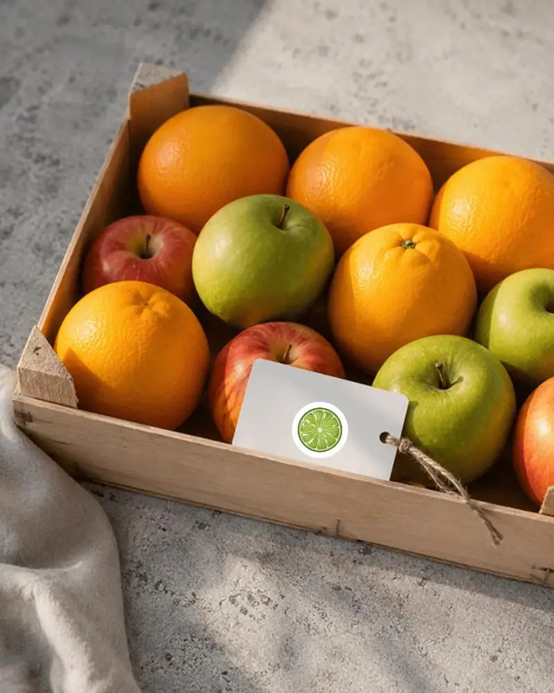 Rustic Fruit Box Display With Label Sticker Mockup And Orchard Fresh Apples And Citrus With Ambient Light