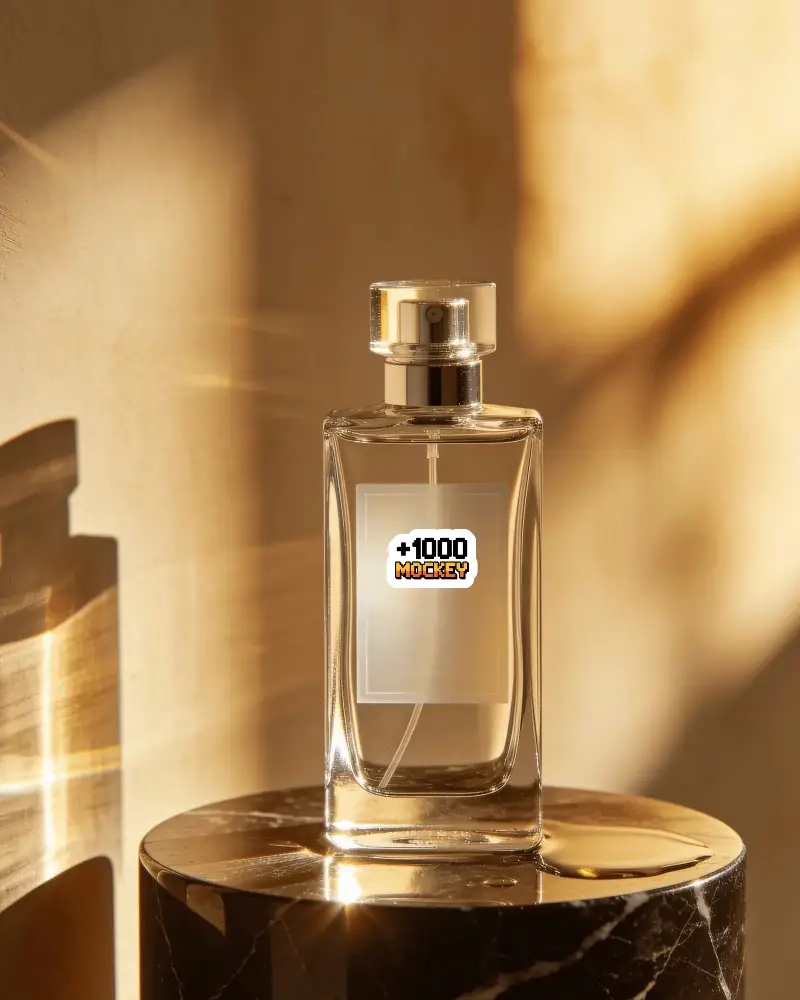 Luxury Glass Perfume Bottle With Label Sticker Mockup On Marble Pedestal In Sunlit Room