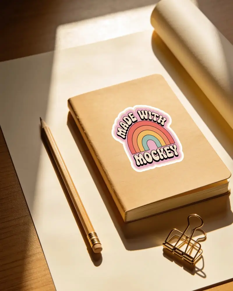Stationery Sticker Mockup With Notebook Pencil And Metal Clip On White Background