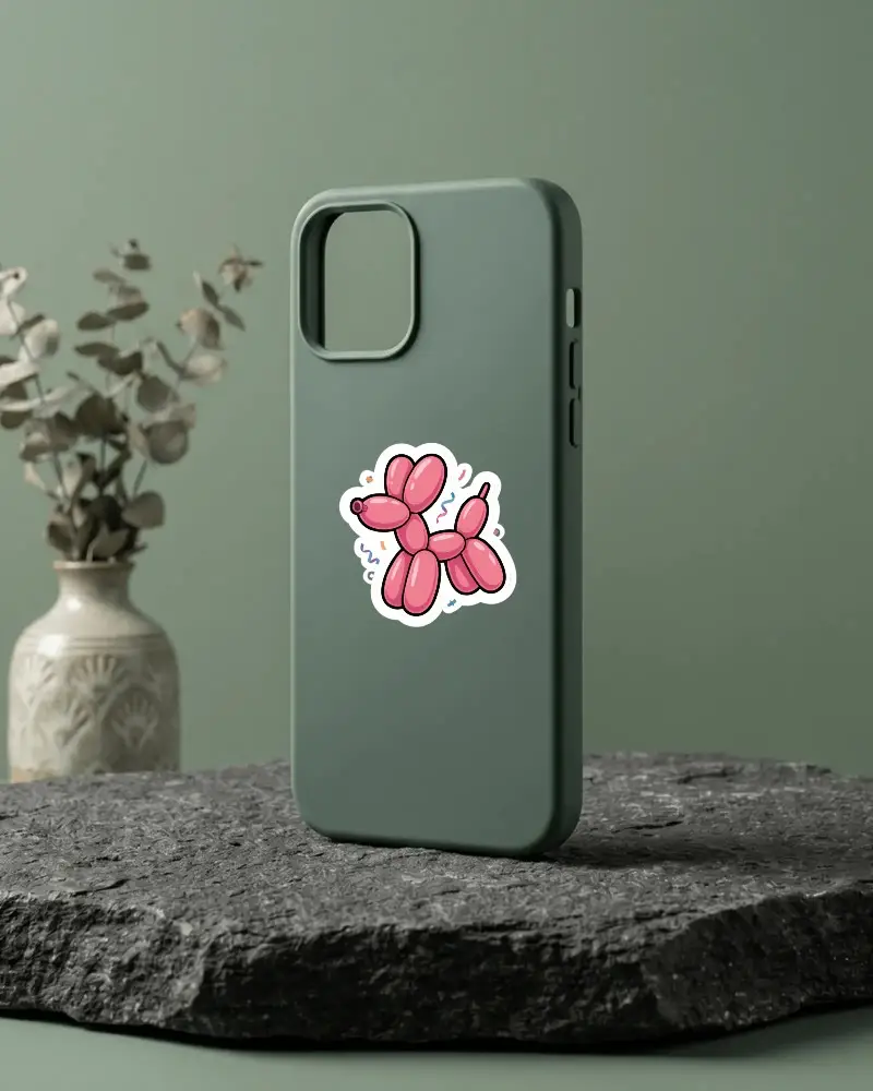 Modern Minimalist Phone Case Sticker Mockup On Textured Rocky Surface With Flower Vase Background