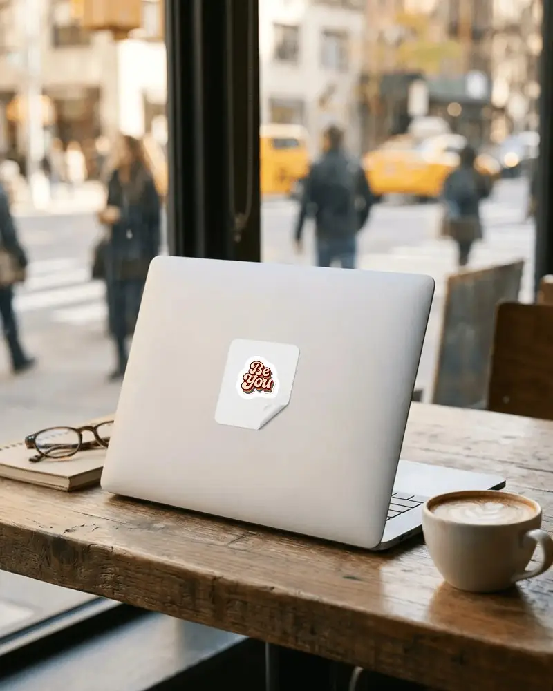 Peelable Clear Sticker Mockup On Portable Laptop In Urban Workspace Setting