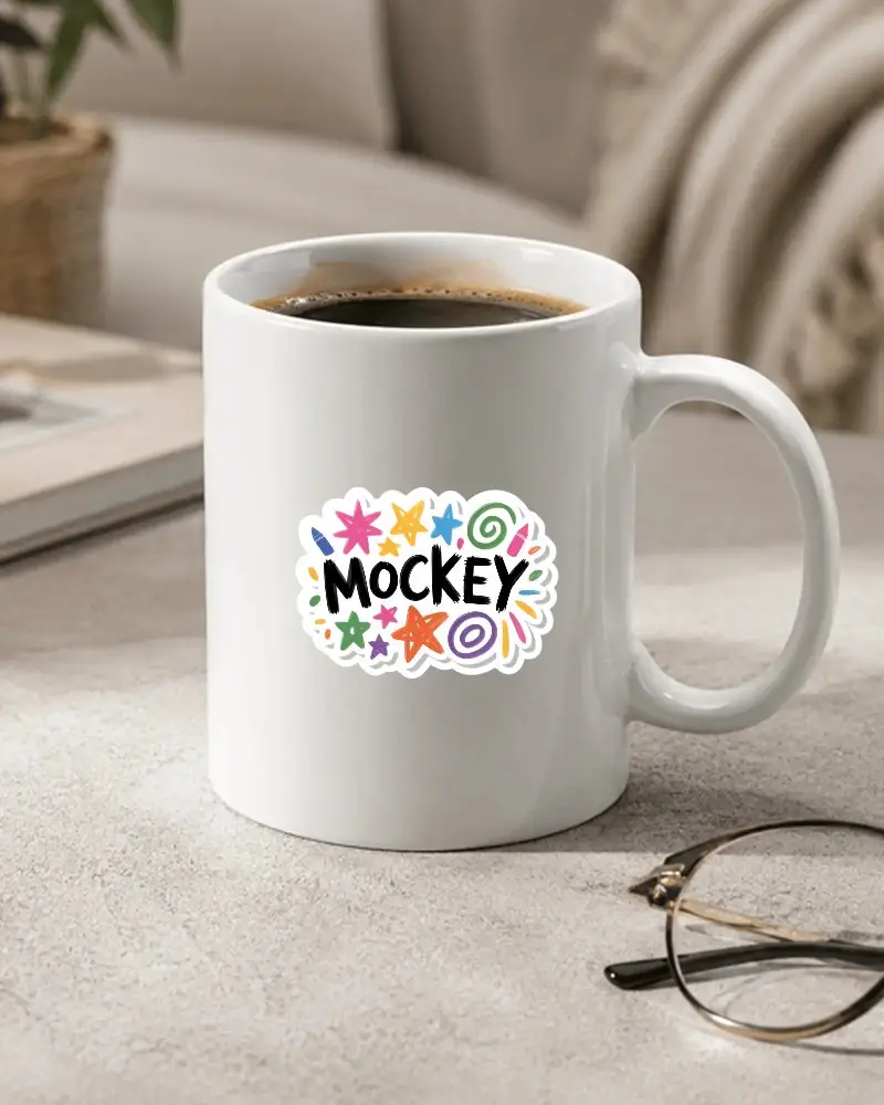 Ceramic Coffee Mug With Sticker Mockup On Table Near Glasses And Cozy Living Room Background