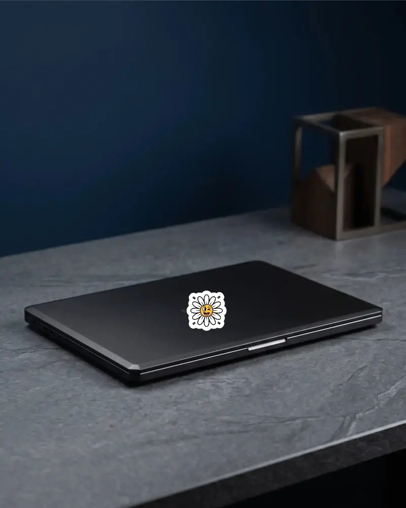 Sleek Modern Laptop With Sticker Mockup On Stone Surface With Minimalist Desktop Setup