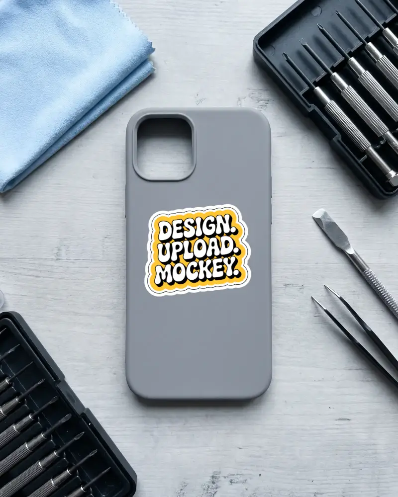 Minimalistic Phone Cover Sticker Mockup With Screwdriver Set And Tweezers On Textured Background