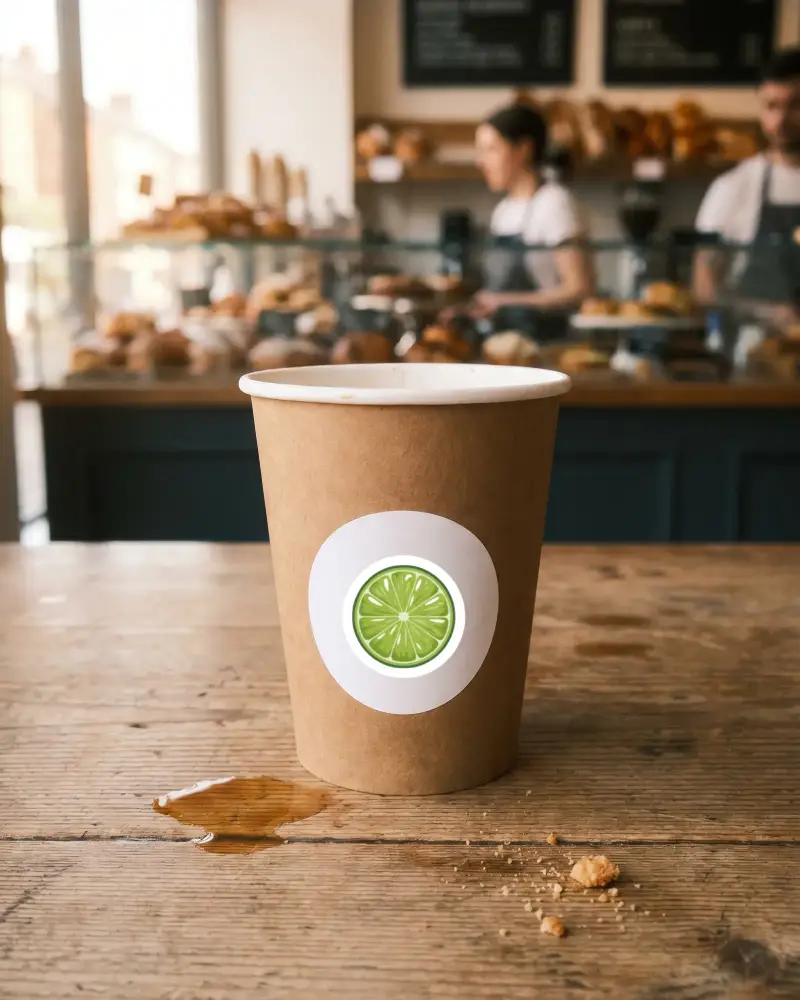 Kraft Paper Cup With Round Sticker Mockup On Wooden Table In Cozy Cafe Setting