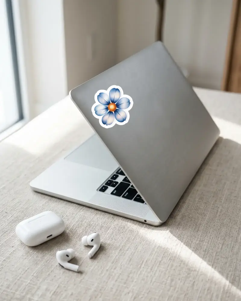 Sleek Modern Laptop Sticker Mockup With Wireless Earbuds On Tabletop For Digital Workspace Setup