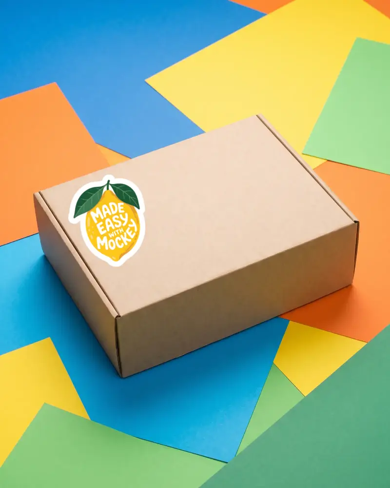 Eco Friendly Custom Packaging Box Sticker Mockup On Geometric Patterned Paper Background