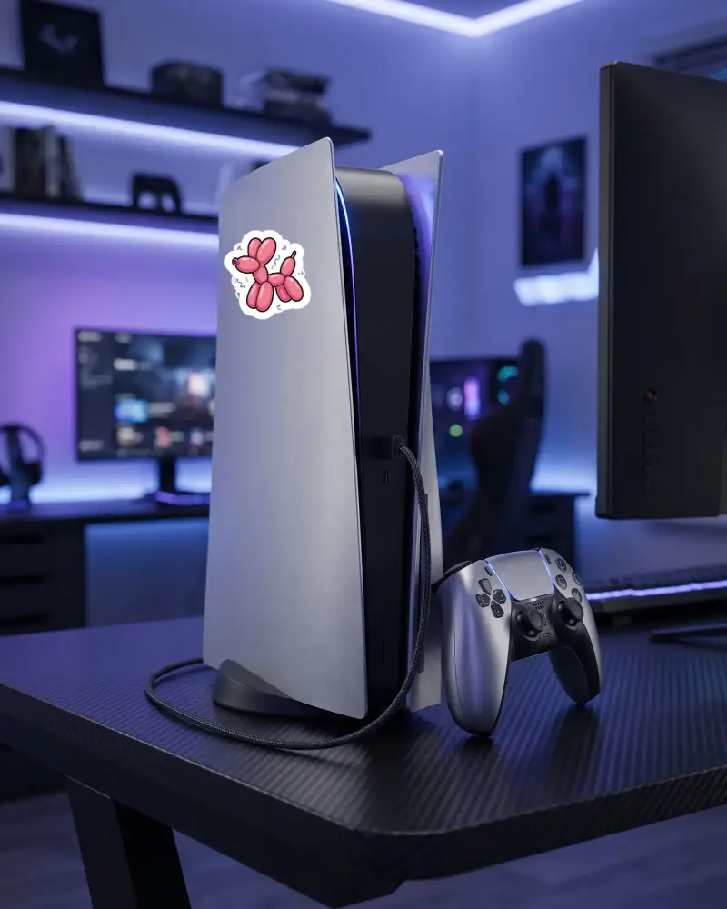 Next Generation Game Sticker Mockup Console With Dualshock Controller On Gaming Setup Desk