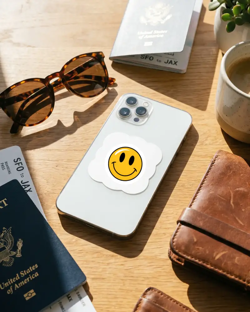 Blank Cloud Shaped Sticker Mockup On Phone With Travel And Daily Use Items Arranged