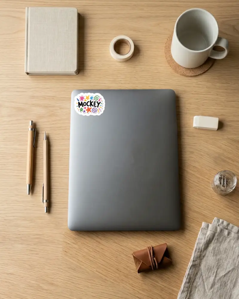 Closed Laptop Sticker Mockup With Stationery Items Clean Professional Work Environment