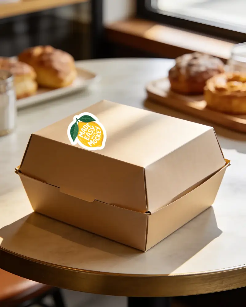 Eco Friendly Gourmet Food Packaging Box Sticker Mockup For Restaurant And Cafe Takeaway Use