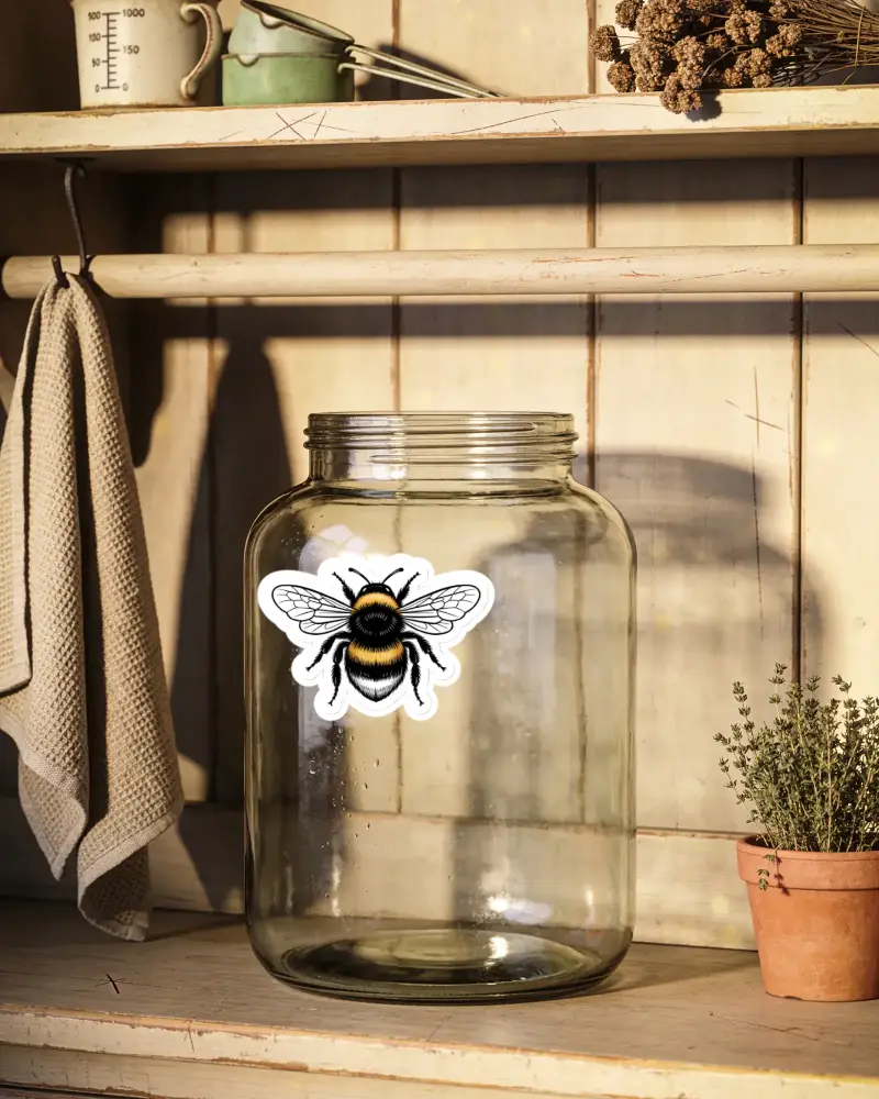Transparent Glass Jar Sticker Mockup On Rustic Wooden Shelf By Kitchen Plant And Textured Towel
