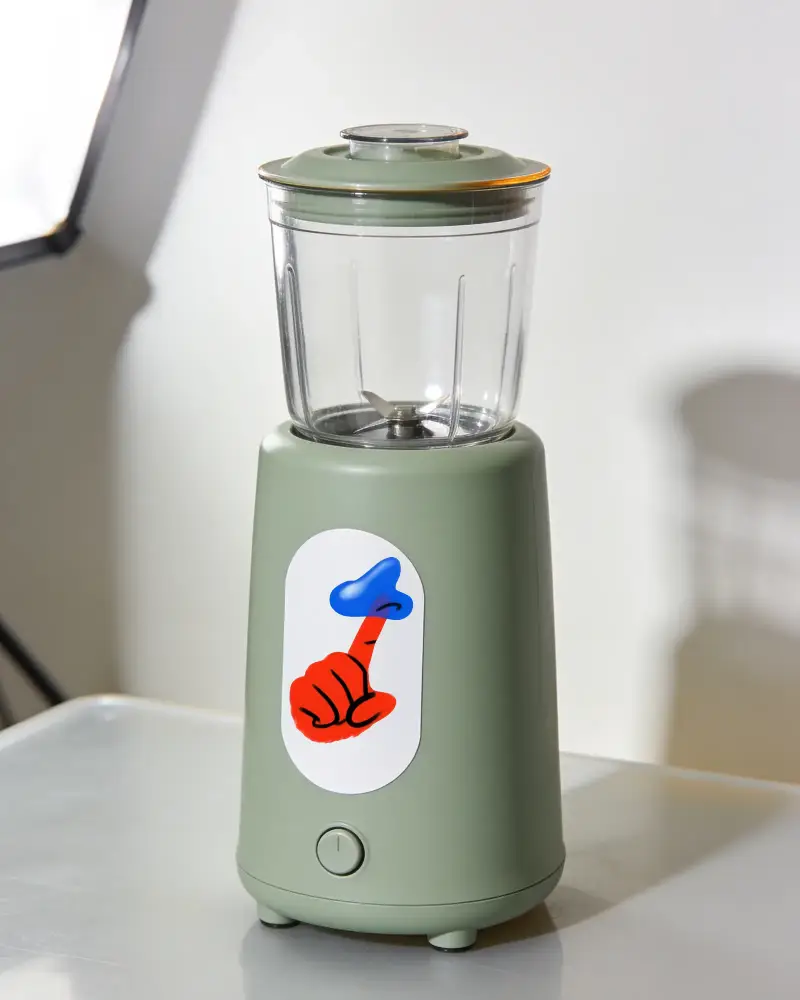 Stylish Kitchen Appliance Blender With Customizable Blank Oval Sticker Label Mockup