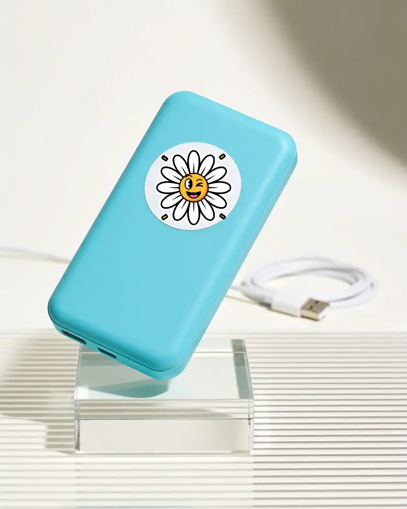 Cellular Accessory With Round Sticker Mockup Template Floating Above Glass Platform