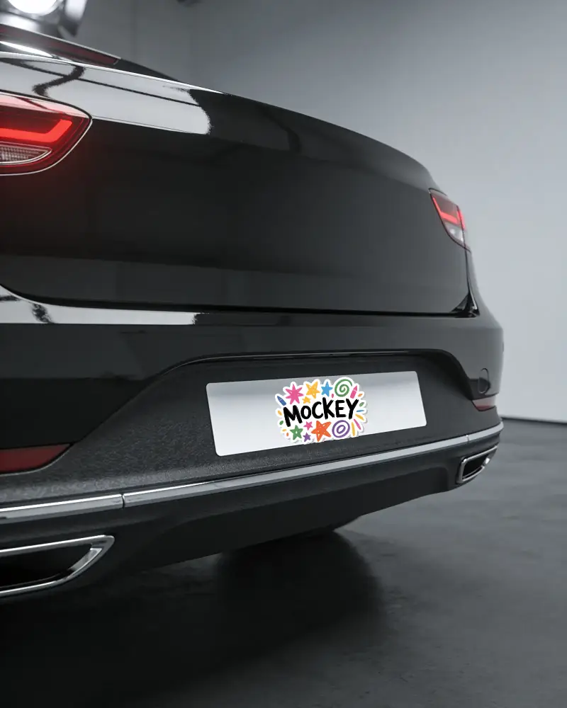 Blank Car License Plate Sticker Mockup On Modern Sedan Rear Bumper Close Up View