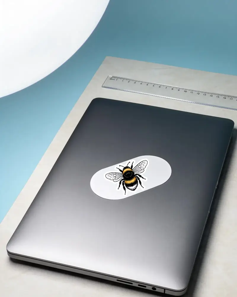 Oval Shaped Sticker Mockup On Closed Laptop Shell For Branding And Marketing Projects