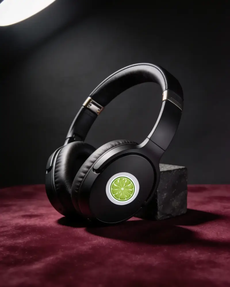 Over Ear Headphones With Round Sticker Mockup On Premium Surface For Branding