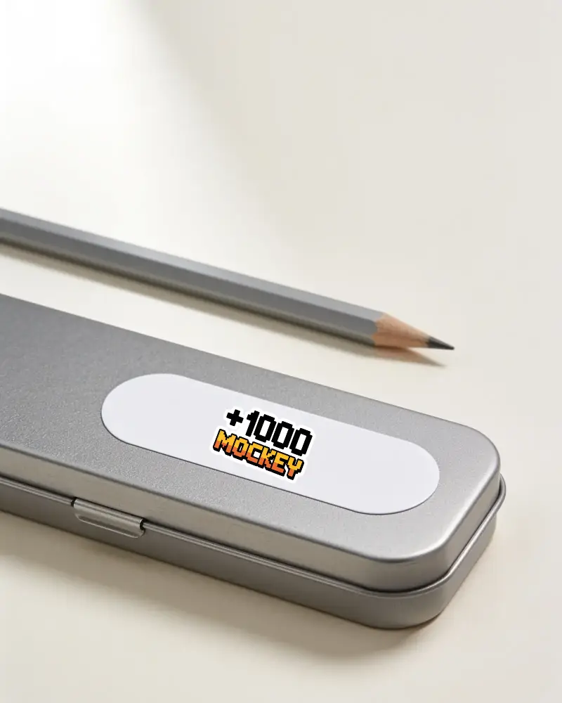 Sleek Metal Storage Case With Blank Sticker Mockup And Pencil On Minimalist Background