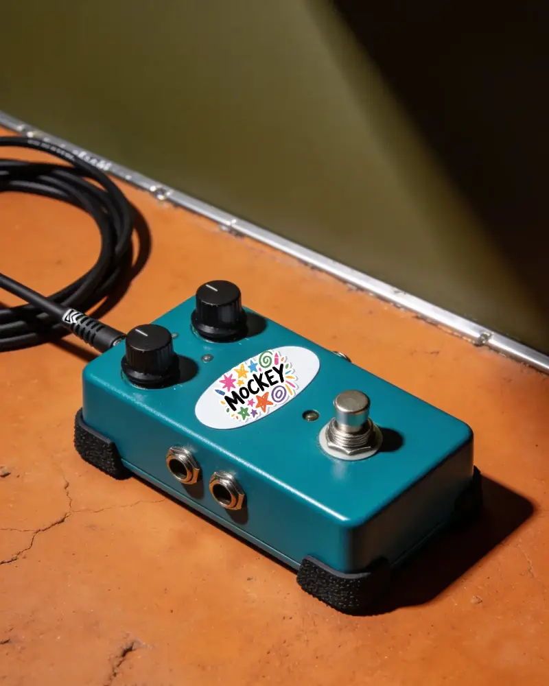 Guitar Effects Pedal With Customizable Oval Sticker Mockup Personalized Music Gear Design