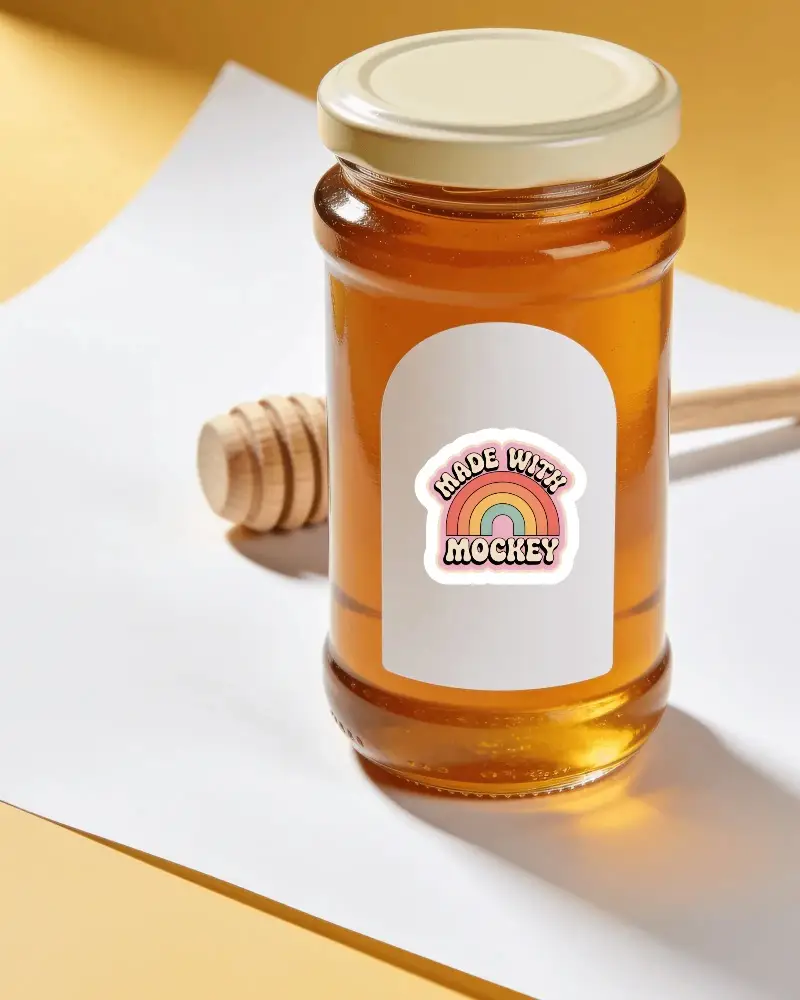 Honey Jar With Arched Label Sticker Mockup For Natural Product Label Design
