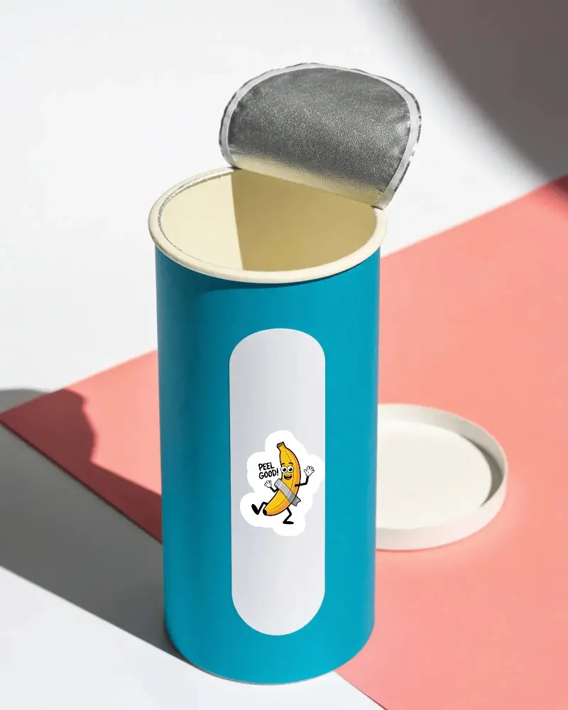 Custom Branded Sticker Label Mockup On Tall Cylindrical Container Packaging