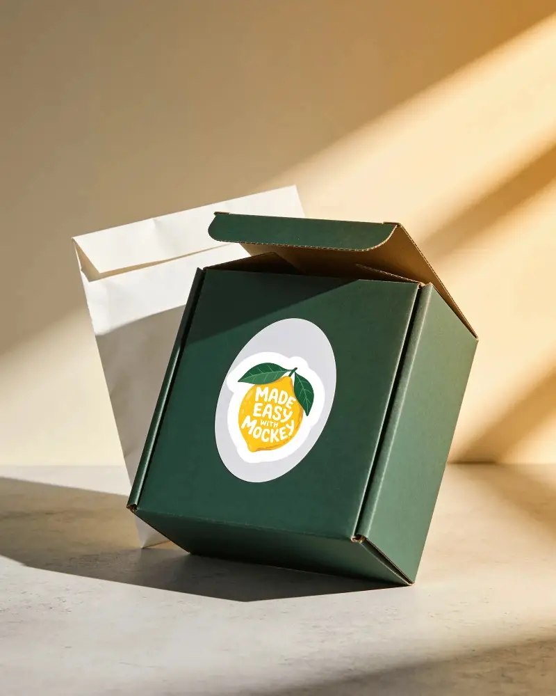Square Retail Box With Oval Sticker Label Mockup For Product Presentation And Brand Identity