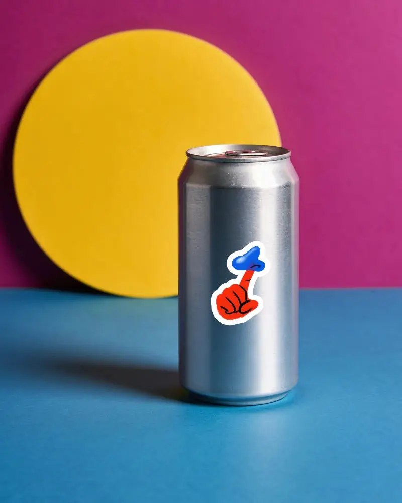 Sleek Metallic Beverage Can Sticker Mockup On Bold Colorful Geometric Background Design