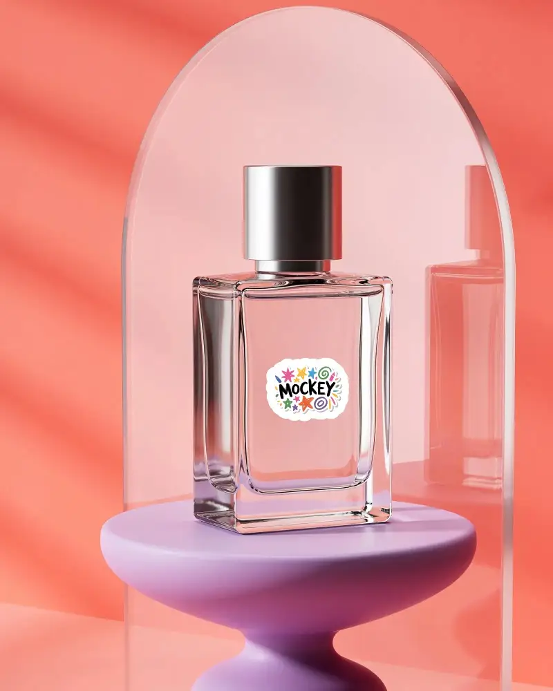 Elegant Perfume Sticker Mockup Glass Fragrance Bottle On Pink Pedestal Id