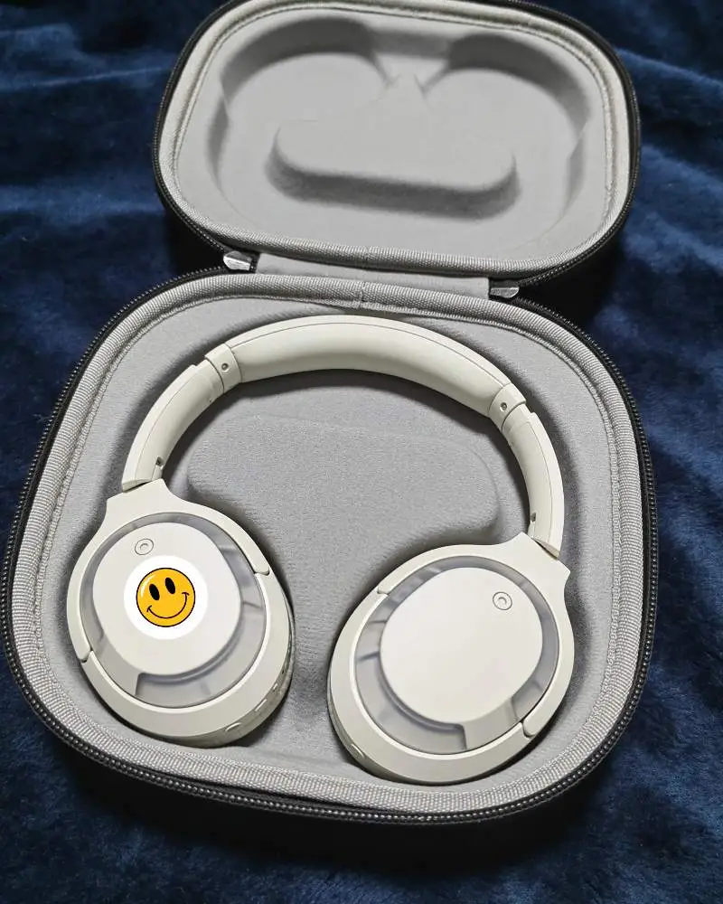 Premium Headphone Sticker Mockup White Wireless Headphones In Open Case On Soft Fabric Id