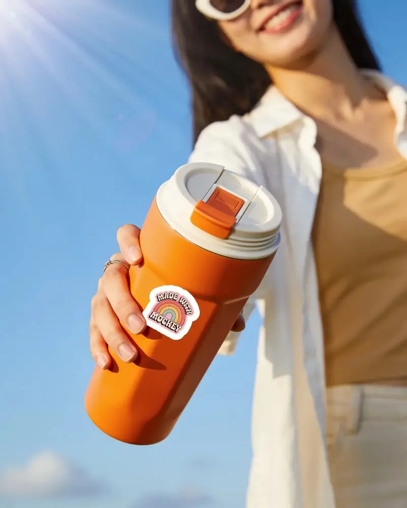 Sunny Outdoor Sticker Mockup Orange Travel Cup Held By Woman Against Blue Sky Id