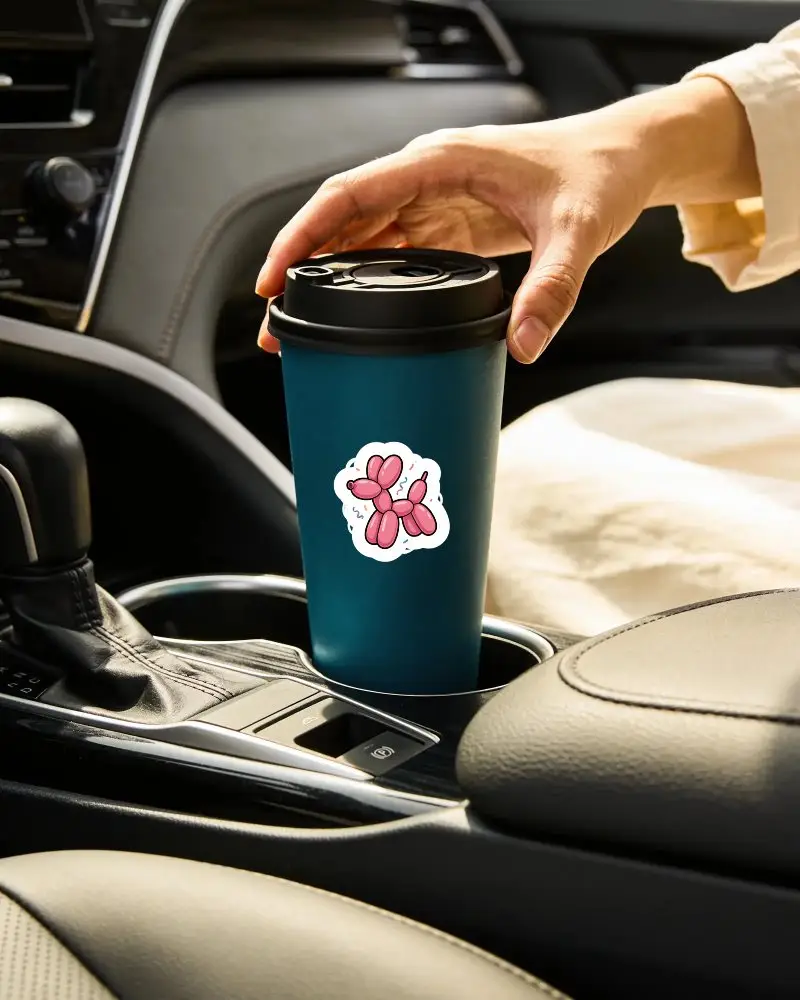 Sunlit Car Interior Sticker Mockup Blue Coffee Cup Held By Hand With Clean Branding Id