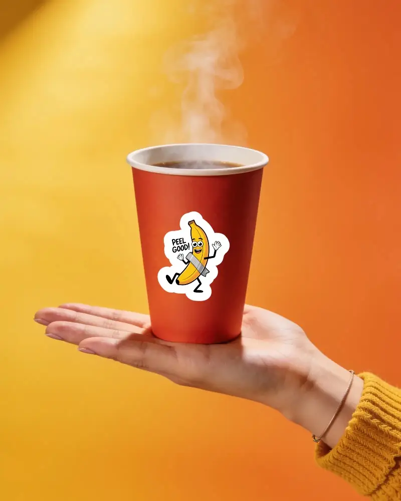Id Coffee Cup Sticker Mockup Steaming Hot Drink Held In Hand Warm Orange Background