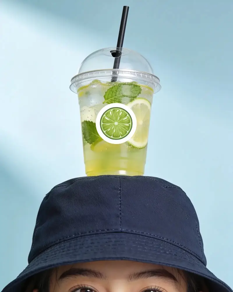 Id Drink Cup Sticker Mockup Fresh Mint Lime Beverage On Cap With Blue Background