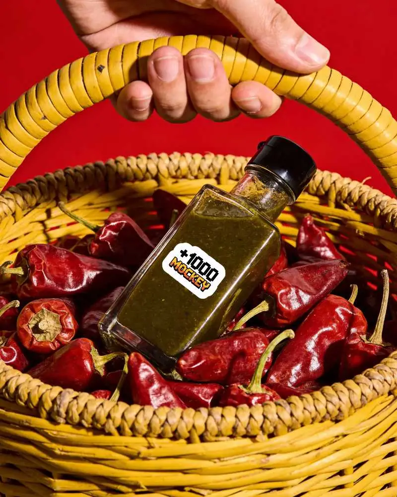 Id Artisan Hot Sauce Sticker Mockup Chili Peppers Woven Basket Glass Bottle
