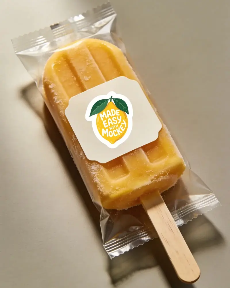 Frozen Popsicle Packaging Sticker Mockup Wooden Stick Clear Pouch Label Design Template
