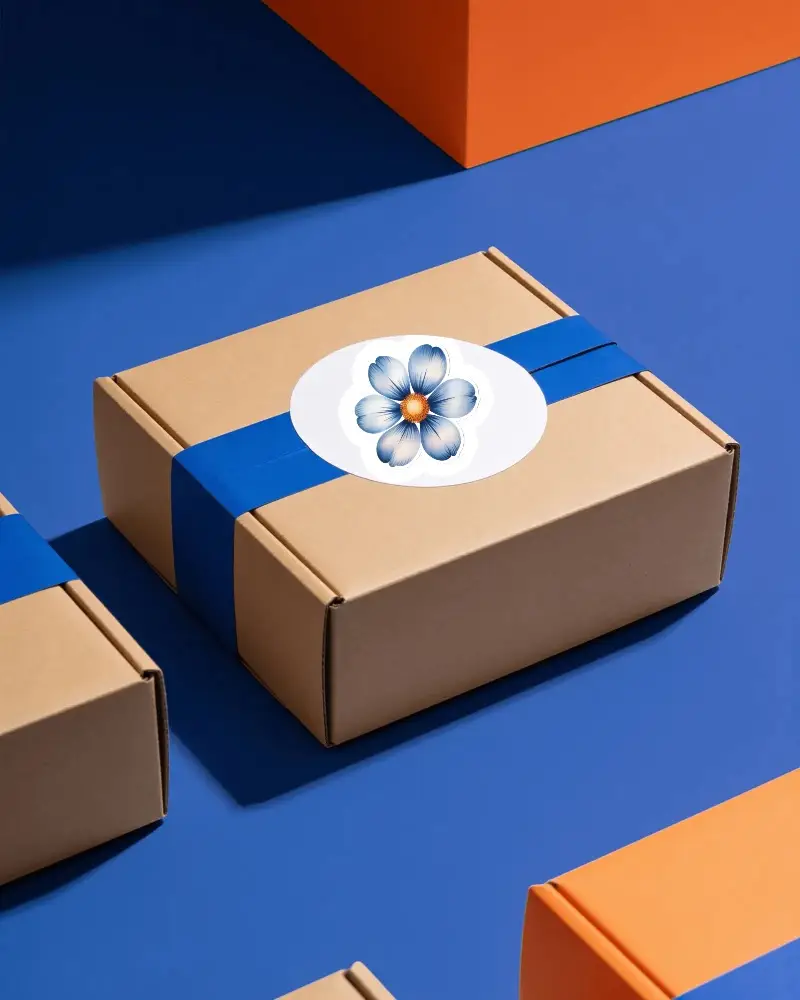 Custom Oval Sticker Mockup On Kraft Box With Blue Ribbon Packaging Design Template