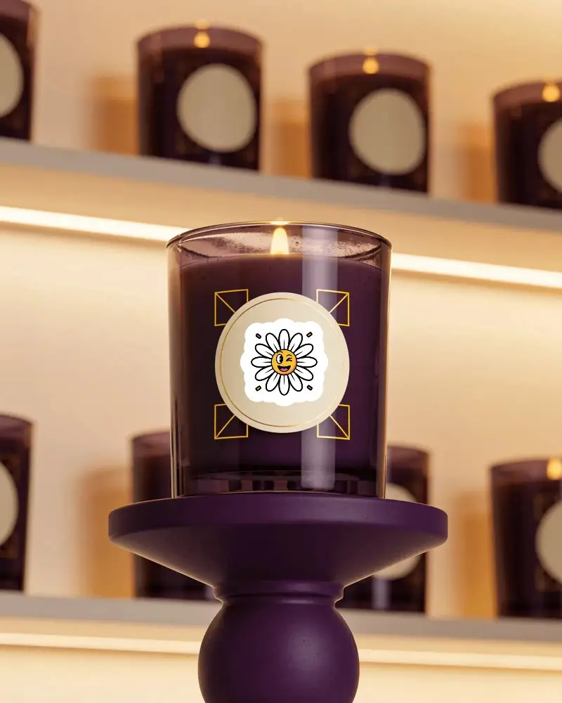 Elegant Candle With Customizable Round Sticker On Glass Container For Product Presentation