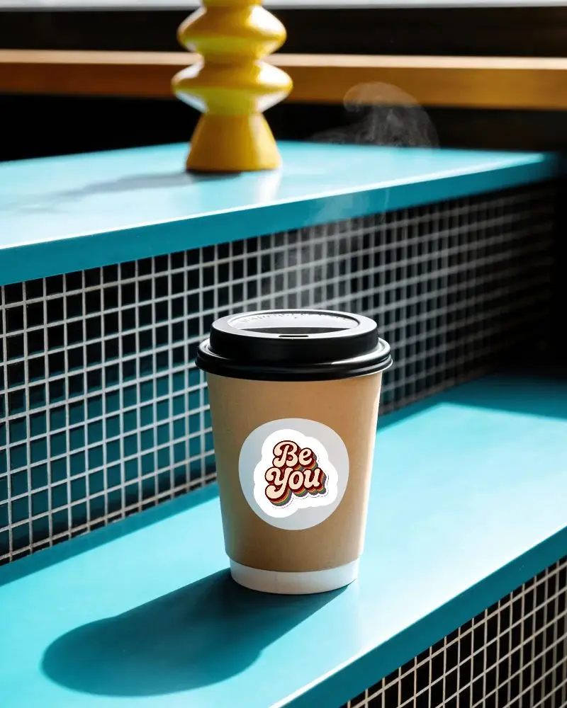 Disposable Cup With Steaming Hot Beverage And Empty Sticker Mockup For Branding
